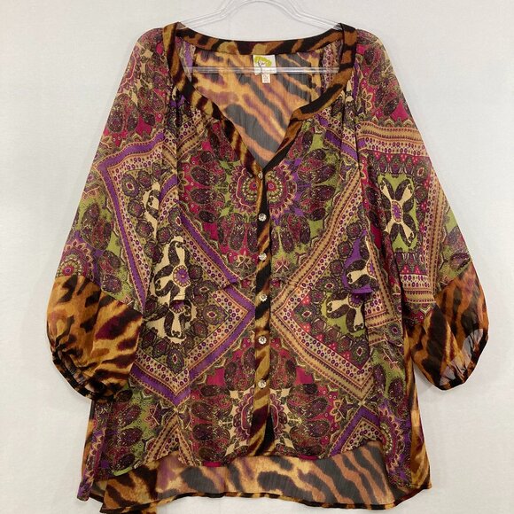 Fig and Flower size 2X Multi Color Boho Mixed Media Animal Print Soft Flowy Top - Picture 1 of 11